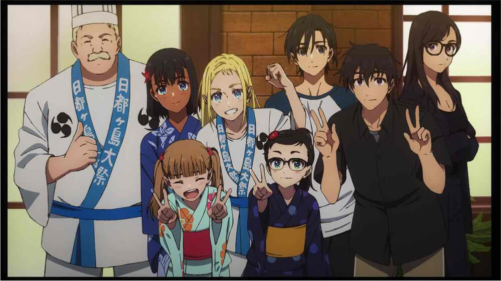 main characters of summertime rendering taking a group photo
